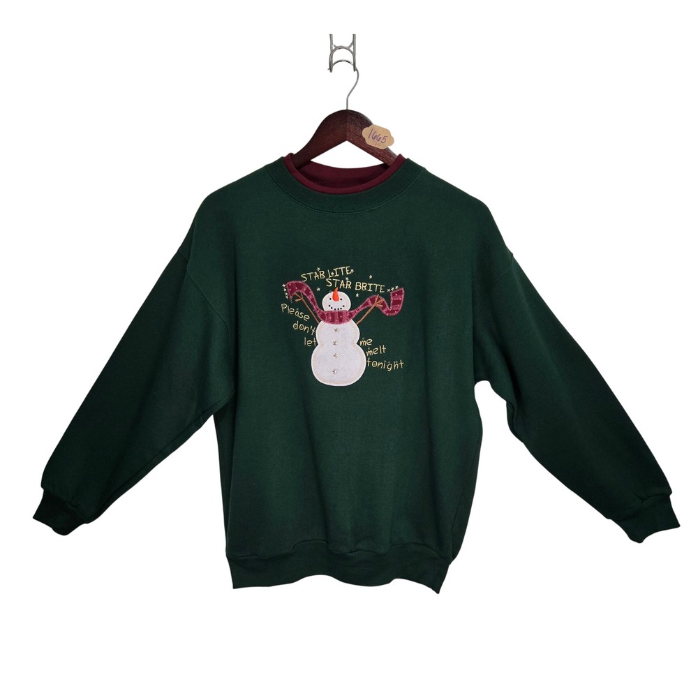 Vintage 90s M&C Sportswear Snowman Sweatshirt Green Burgundy Double Collar M